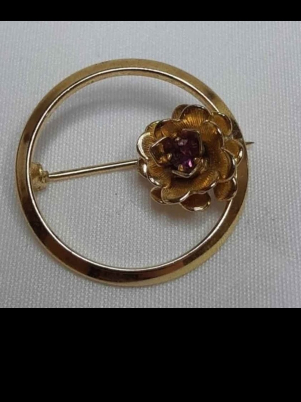 Gold Floral Circle Brooch with Pink Gem Accent